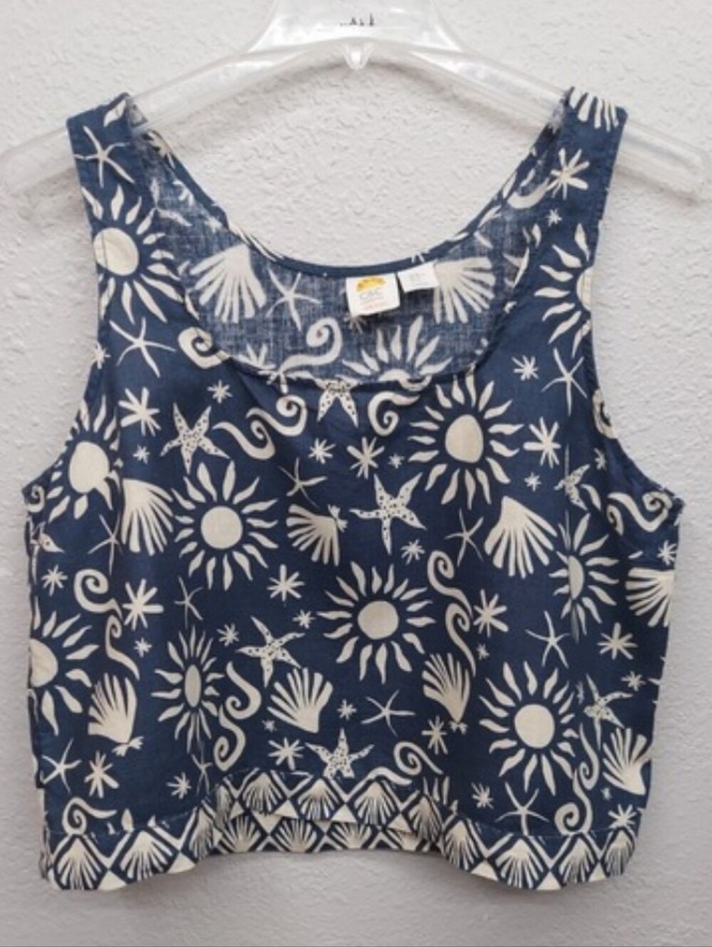 C&C California 100% Linen Navy Tank Top with Cream Sun & Star Print XL